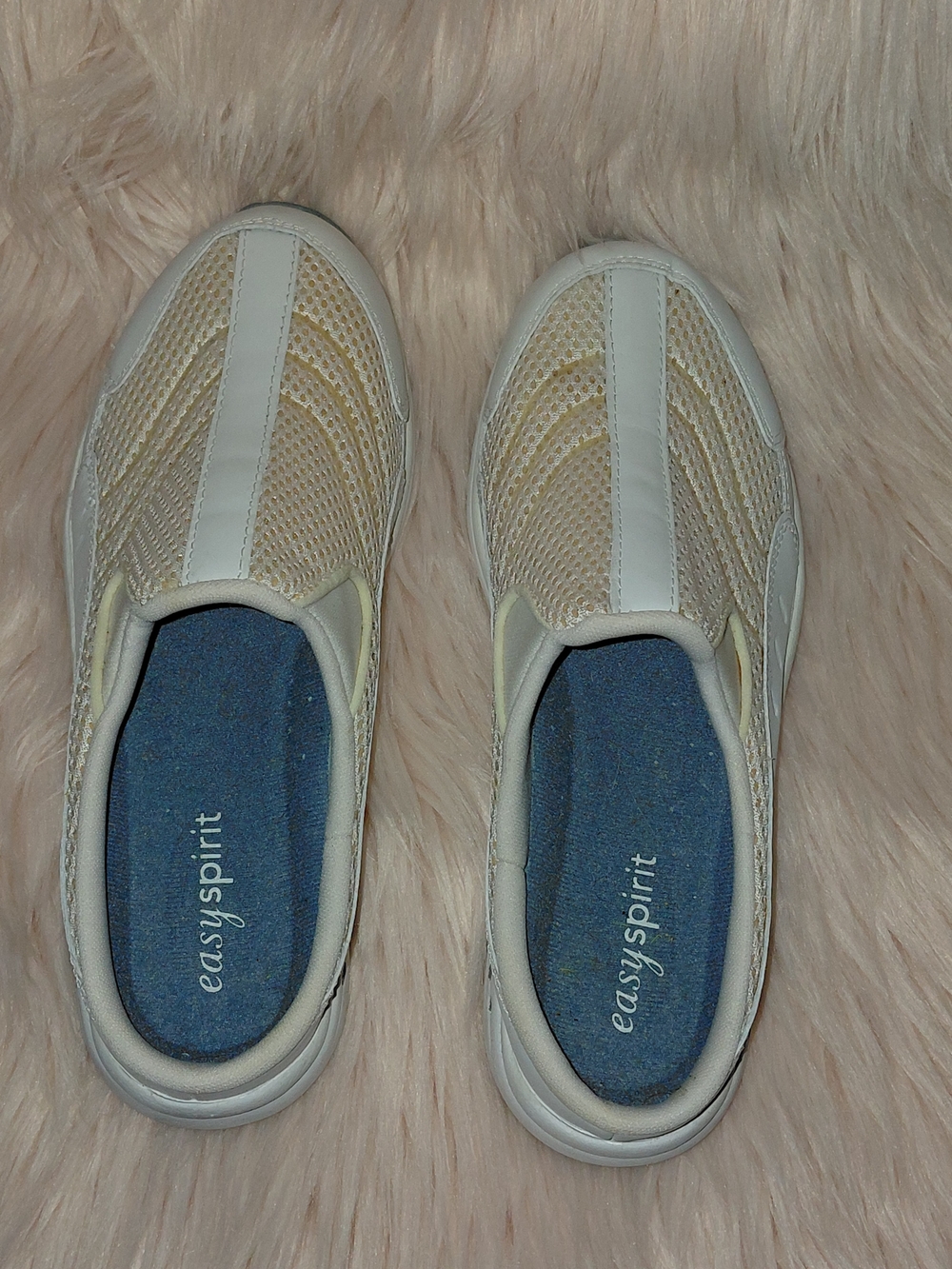 Easy Spirit Slip-On Sneakers in Cream, White and Blue Insole